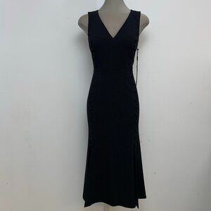 New Calvin Klein Elegant Black V-Neck Button Crepe Fit & Flare Dress